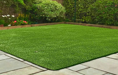 this image demonstrates nicely the wonderful, lush green of Artificial grass, the sunlight is shining on the grass, you can just see the edge of the paving and the Grass looks wonderful and will all year long
